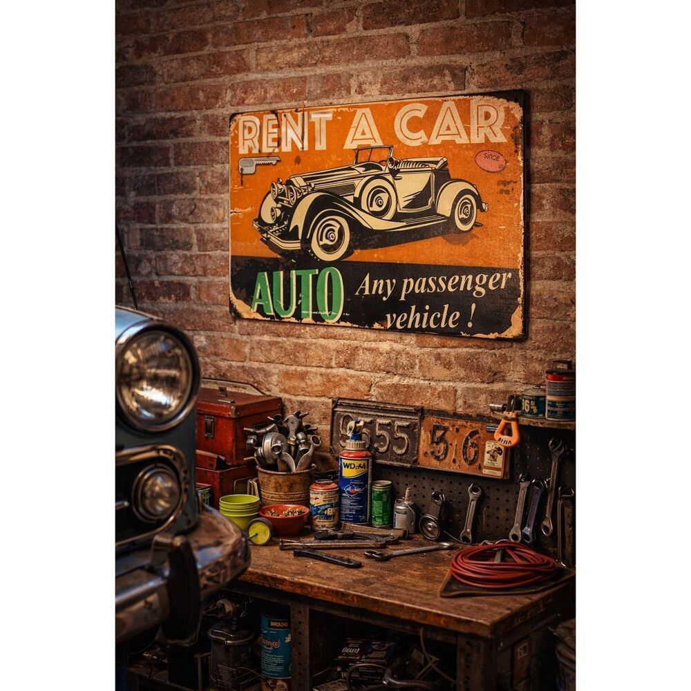 Vintage “Rent A Car Auto” Metal Wall Sign | Retro Garage Decor 8x12